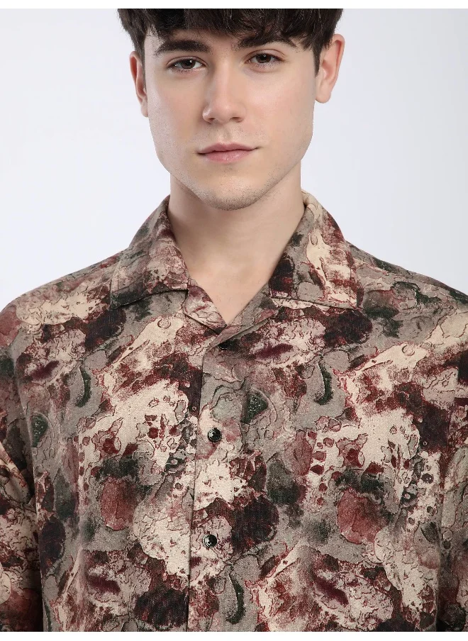 Beyoung Light Mauve Marble Printed Cuban Shirt