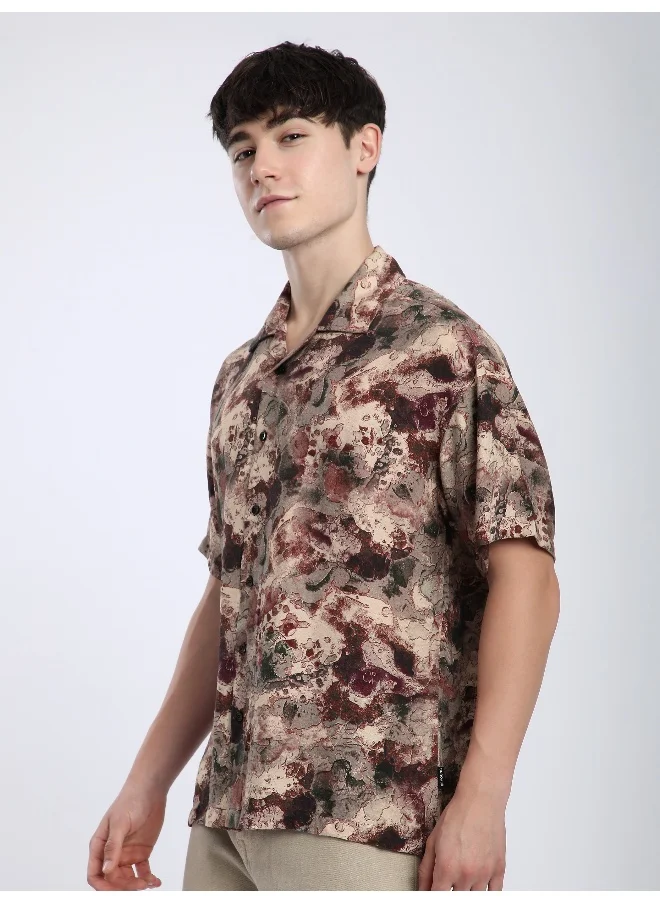 Beyoung Light Mauve Marble Printed Cuban Shirt