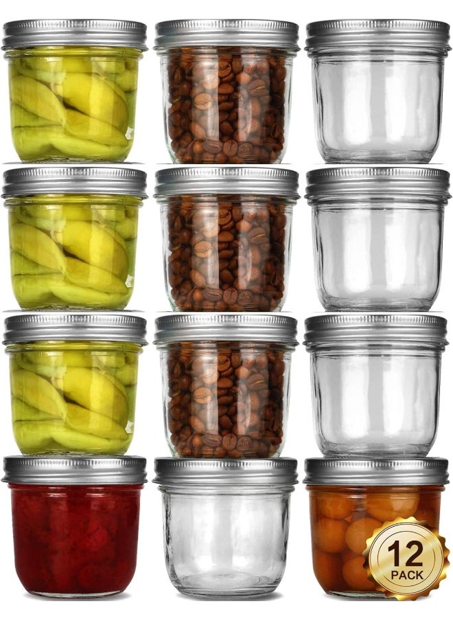 FUFU FUFU Mason Jars with Airtight Metal Regular Lids(8oz/250ml), Sealed Clear Glass Canning Jars with Wide Mouth for Spices, Honey, Jam, dessert，Jelly, of 12  - Image 1