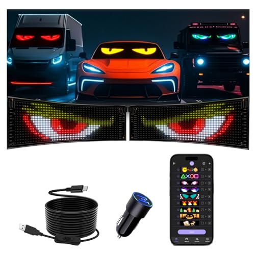 JDVOOTD Multifunctional Bright 2PCS Devil Eyes for Cars Windshield - 19x5in [Upgraded Chip 100% Synchronized] Programmable Flexible LED Matrix Display - Custom Text Car Window Sign for Auto SUVs Trucks - Image 1
