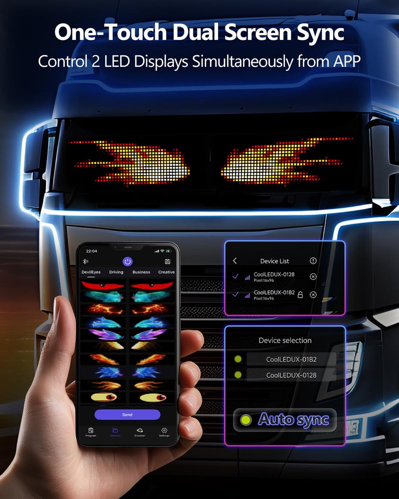 JDVOOTD Multifunctional Bright 2PCS Devil Eyes for Cars Windshield - 19x5in [Upgraded Chip 100% Synchronized] Programmable Flexible LED Matrix Display - Custom Text Car Window Sign for Auto SUVs Trucks - Image 3