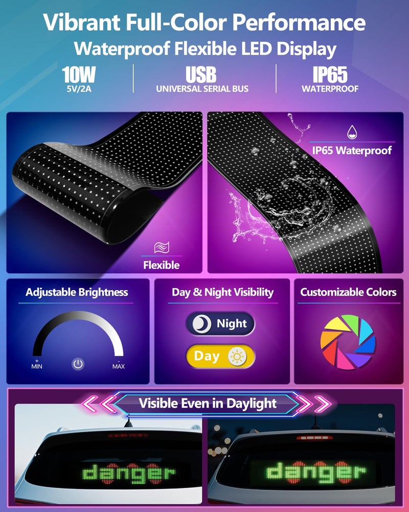 JDVOOTD Multifunctional Bright 2PCS Devil Eyes for Cars Windshield - 19x5in [Upgraded Chip 100% Synchronized] Programmable Flexible LED Matrix Display - Custom Text Car Window Sign for Auto SUVs Trucks - Image 4