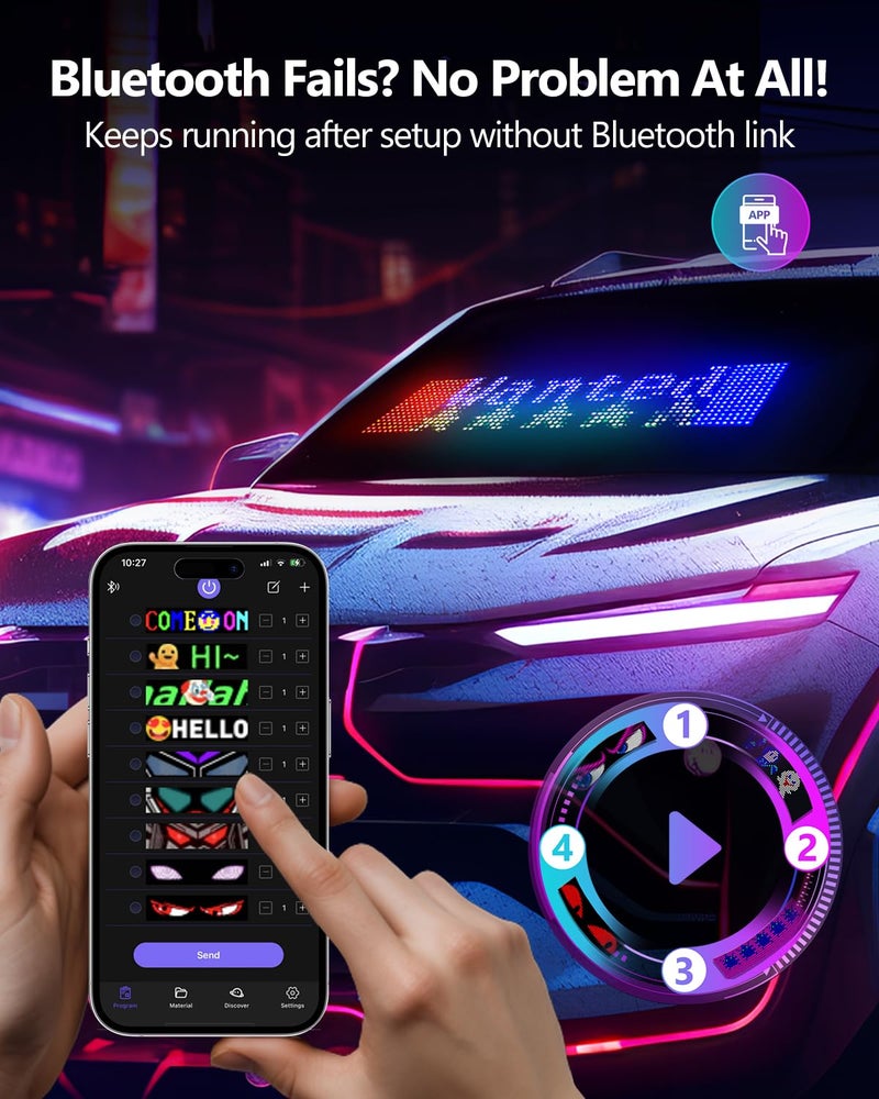 JDVOOTD Multifunctional Bright 2PCS Devil Eyes for Cars Windshield - 19x5in [Upgraded Chip 100% Synchronized] Programmable Flexible LED Matrix Display - Custom Text Car Window Sign for Auto SUVs Trucks - Image 2