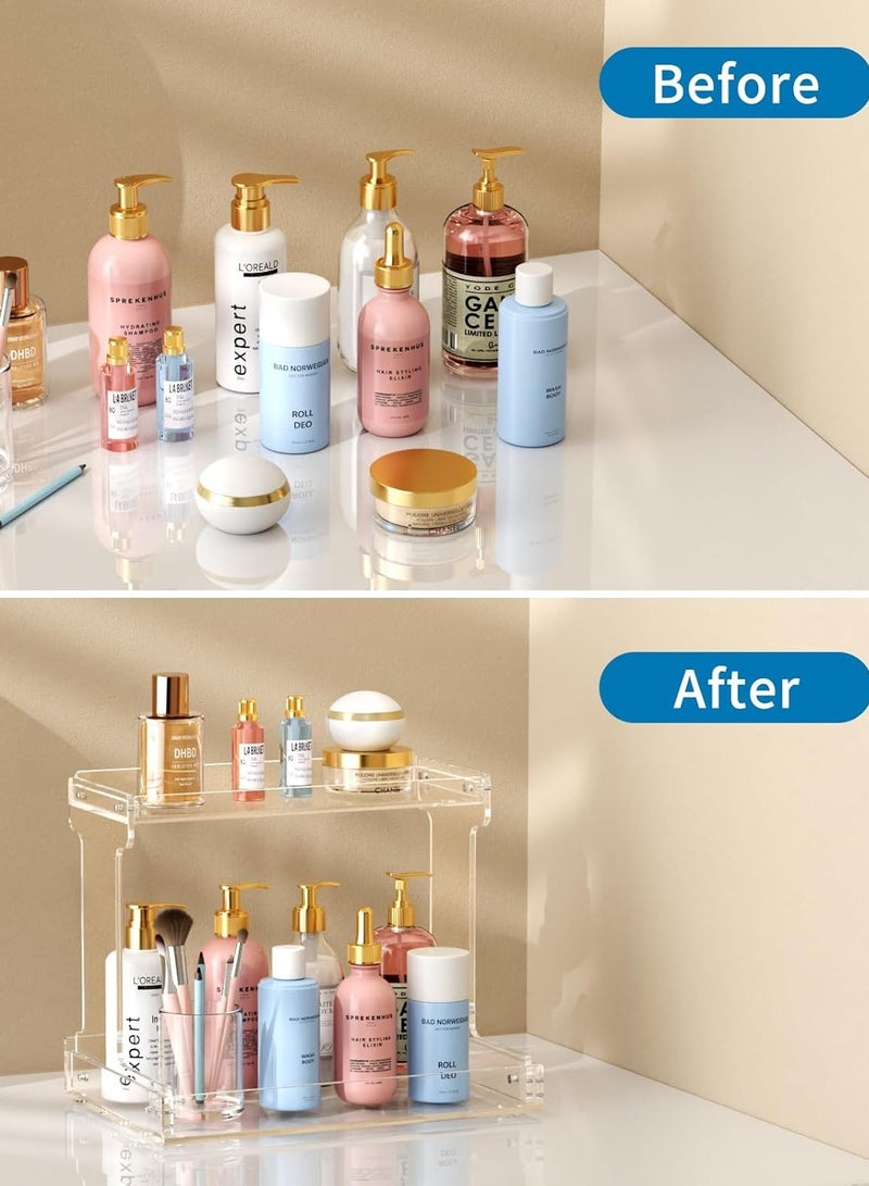 تي بي جي بي منظم حمام بطبقتين، منظم سطح الحمام من الأكريليك، منظم رف حمام شفاف، صينية تجميلية للعناية بالبشرة، تخزين منزلي للحمام والمطبخ وغرفة النوم - Image 5