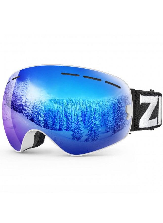 ZIONOR X Ski Snowboard Snow Goggles OTG Design for Men Women Adult with Spherical Detachable Lens UV Protection Anti-fog (VLT 22% White Frame Revo Blue Lens) - Image 1