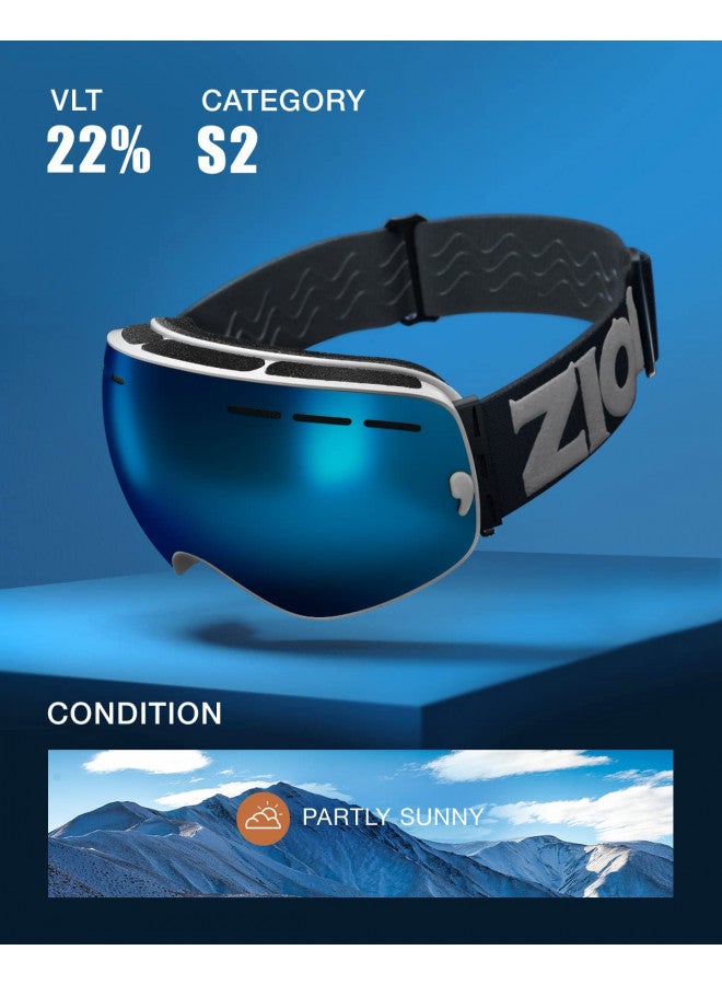 ZIONOR X Ski Snowboard Snow Goggles OTG Design for Men Women Adult with Spherical Detachable Lens UV Protection Anti-fog (VLT 22% White Frame Revo Blue Lens) - Image 2