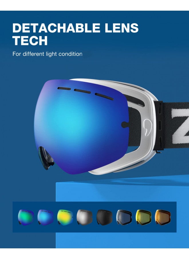ZIONOR X Ski Snowboard Snow Goggles OTG Design for Men Women Adult with Spherical Detachable Lens UV Protection Anti-fog (VLT 22% White Frame Revo Blue Lens) - Image 5