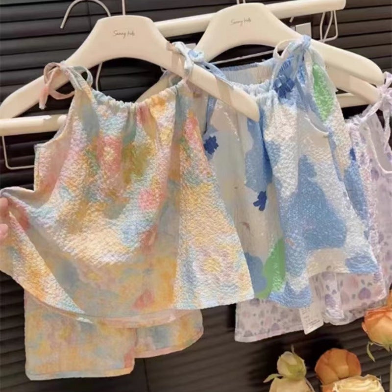 New Summer Oil Painting Style Suspender Suit For Girls, Suspender Culottes Two-Piece Set, Internet Celebrity Baby Girl'S Fashionable Vest Dress - Image 2
