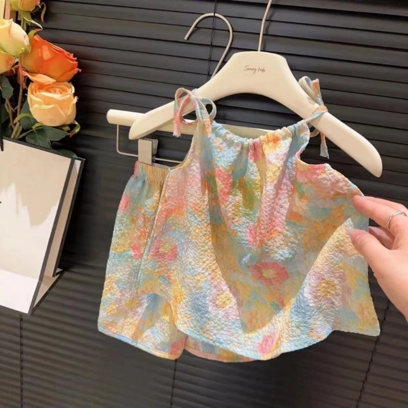 New Summer Oil Painting Style Suspender Suit For Girls, Suspender Culottes Two-Piece Set, Internet Celebrity Baby Girl'S Fashionable Vest Dress - Image 3