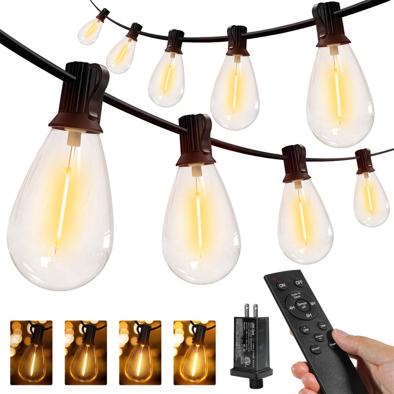 Ollny S11 100FT Outdoor String Lights with Remote, Plug in Waterproof Connectable 3 Modes Dimmable Timers Patio Lights with 48+2 LED Spare Bulbs, Dusk to Dawn Outdoor Light for Outside Bistro Yard - Image 1