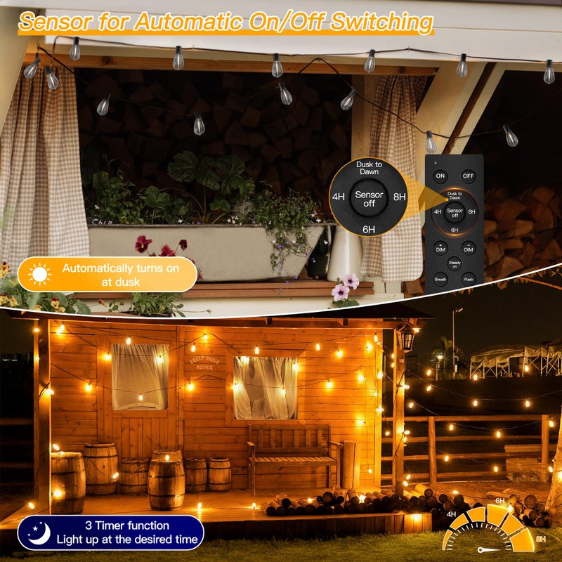 Ollny S11 100FT Outdoor String Lights with Remote, Plug in Waterproof Connectable 3 Modes Dimmable Timers Patio Lights with 48+2 LED Spare Bulbs, Dusk to Dawn Outdoor Light for Outside Bistro Yard - Image 3