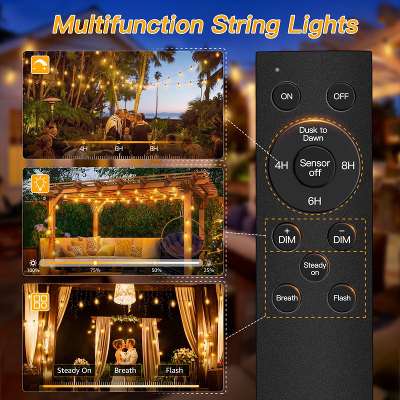 Ollny S11 100FT Outdoor String Lights with Remote, Plug in Waterproof Connectable 3 Modes Dimmable Timers Patio Lights with 48+2 LED Spare Bulbs, Dusk to Dawn Outdoor Light for Outside Bistro Yard - Image 2