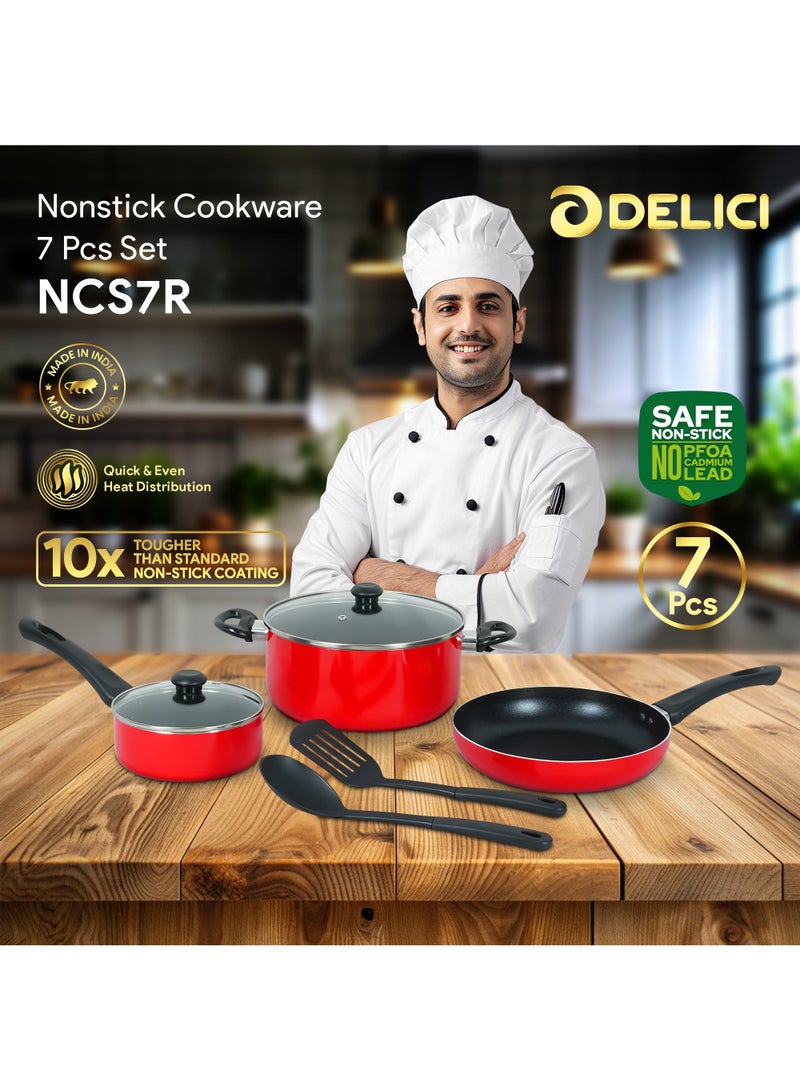 DELICI Non Stick Cookware Set 7 Pcs (NCS7R) | 10X Tougher Non-Stick Coating | Quick & Even Heat Distribution | Gas, Ceramic, Hot Plate, Halogen Compatible | Casserole, Sauce Pan, Fry Pan + Nylon Spatula  - Image 2