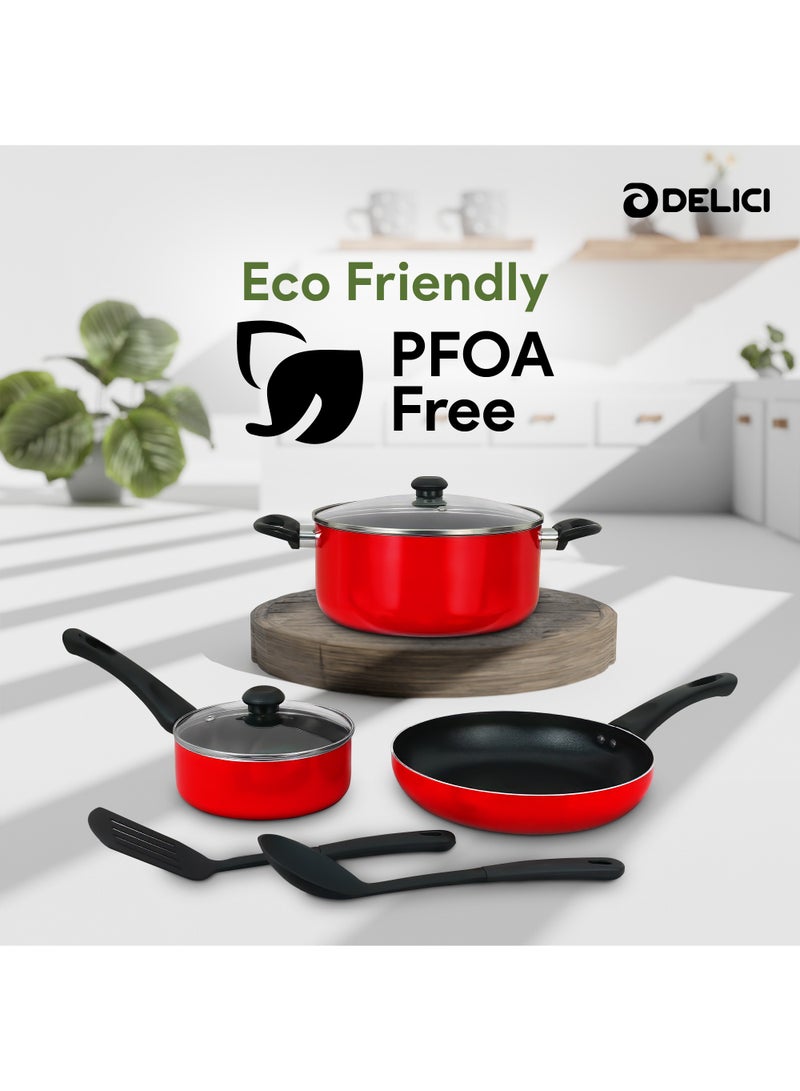 DELICI Non Stick Cookware Set 7 Pcs (NCS7R) | 10X Tougher Non-Stick Coating | Quick & Even Heat Distribution | Gas, Ceramic, Hot Plate, Halogen Compatible | Casserole, Sauce Pan, Fry Pan + Nylon Spatula  - Image 5