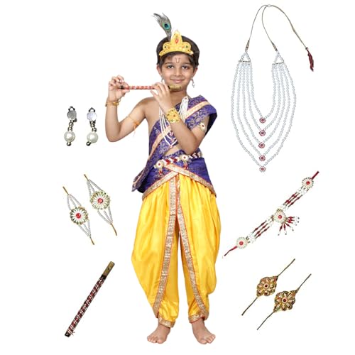 Kaku Fancy Dresses Silk,Polyester Krishna Costume For Kids Infant Baby Krishna Dress For Boys (Blue Dhoti, Patka(Stole), Belt, Mukut, 5 Layer Pearl Mala, Bajuband, Earrings, Bansuri & Morpankh) - Image 1