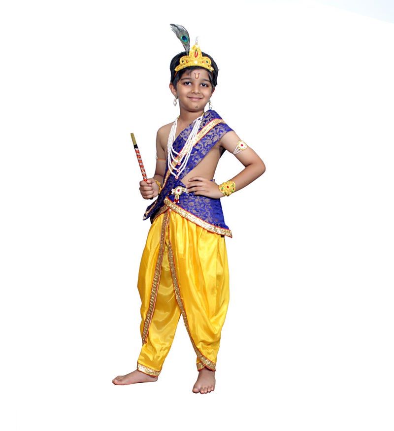 Kaku Fancy Dresses Silk,Polyester Krishna Costume For Kids Infant Baby Krishna Dress For Boys (Blue Dhoti, Patka(Stole), Belt, Mukut, 5 Layer Pearl Mala, Bajuband, Earrings, Bansuri & Morpankh) - Image 3