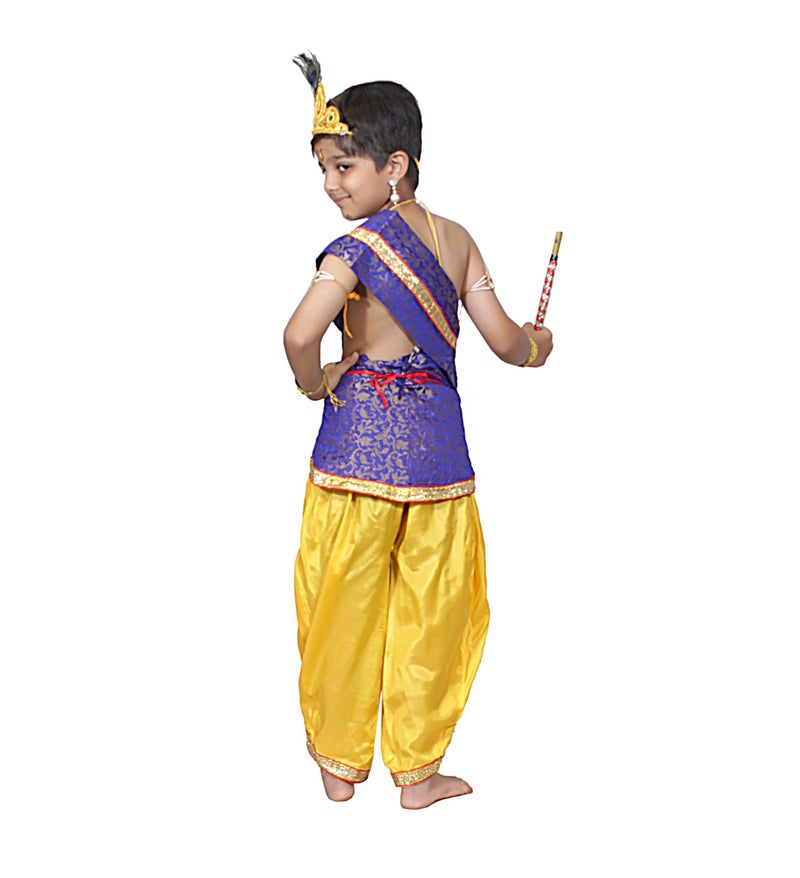 Kaku Fancy Dresses Silk,Polyester Krishna Costume For Kids Infant Baby Krishna Dress For Boys (Blue Dhoti, Patka(Stole), Belt, Mukut, 5 Layer Pearl Mala, Bajuband, Earrings, Bansuri & Morpankh) - Image 2