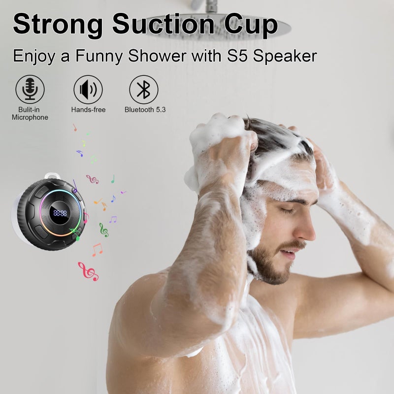 Hupoaf مكبر صوت هوبواف بلوتوث للحمام، مكبر صوت بلوتوث 5.3، صوت 6D، مكبر صوت محمول مع كوب شفط/خطاف، مقاوم للماء IPX7، مع ضوء LED/عرض الوقت، للاستخدام الخارجي/الحفلات/الحمام//الكياك/هدية - Image 3