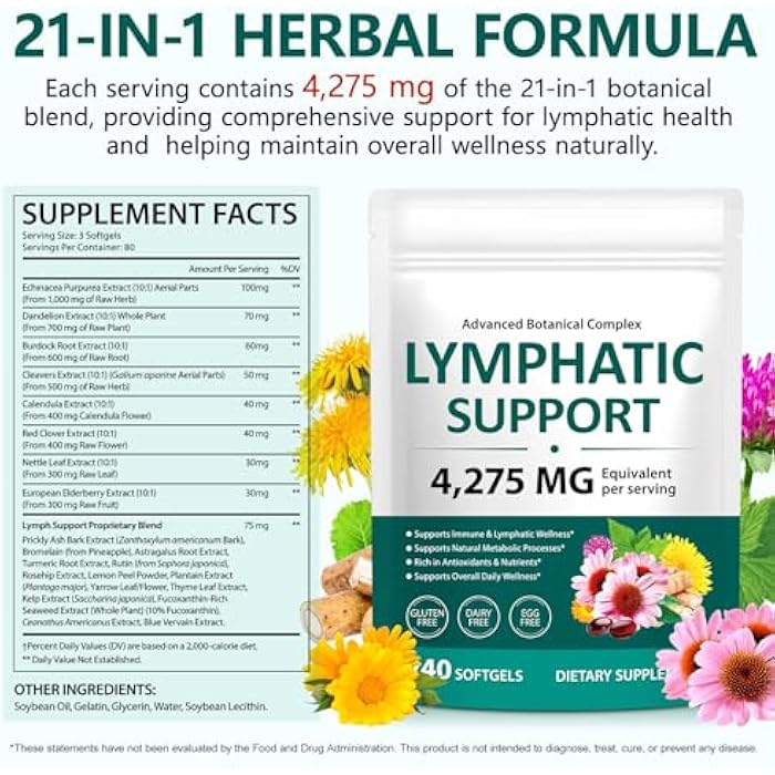 MAYPJHEH 2 Pack Herbal Lymphatic Drainage Supplement - 4275mg Cleanse with Echinacea, Dandelion, Burdock Root, Supports Healthy Circulation, Fluid Balance & Overall Wellness,480 Softgels - Image 3