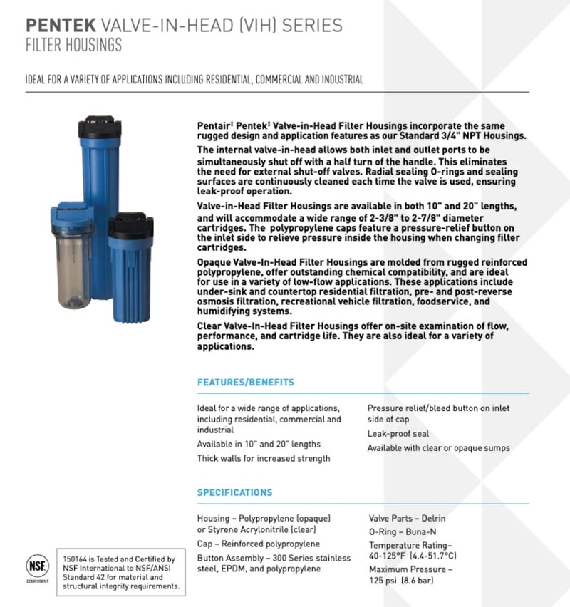 Pentek Pentair 150437 Valve-In-Head Filter Housing, 3/4" NPT #10 Standard Water Filter Housing with Pressure Relief Button, 10-Inch, Blue/Clear - Image 2