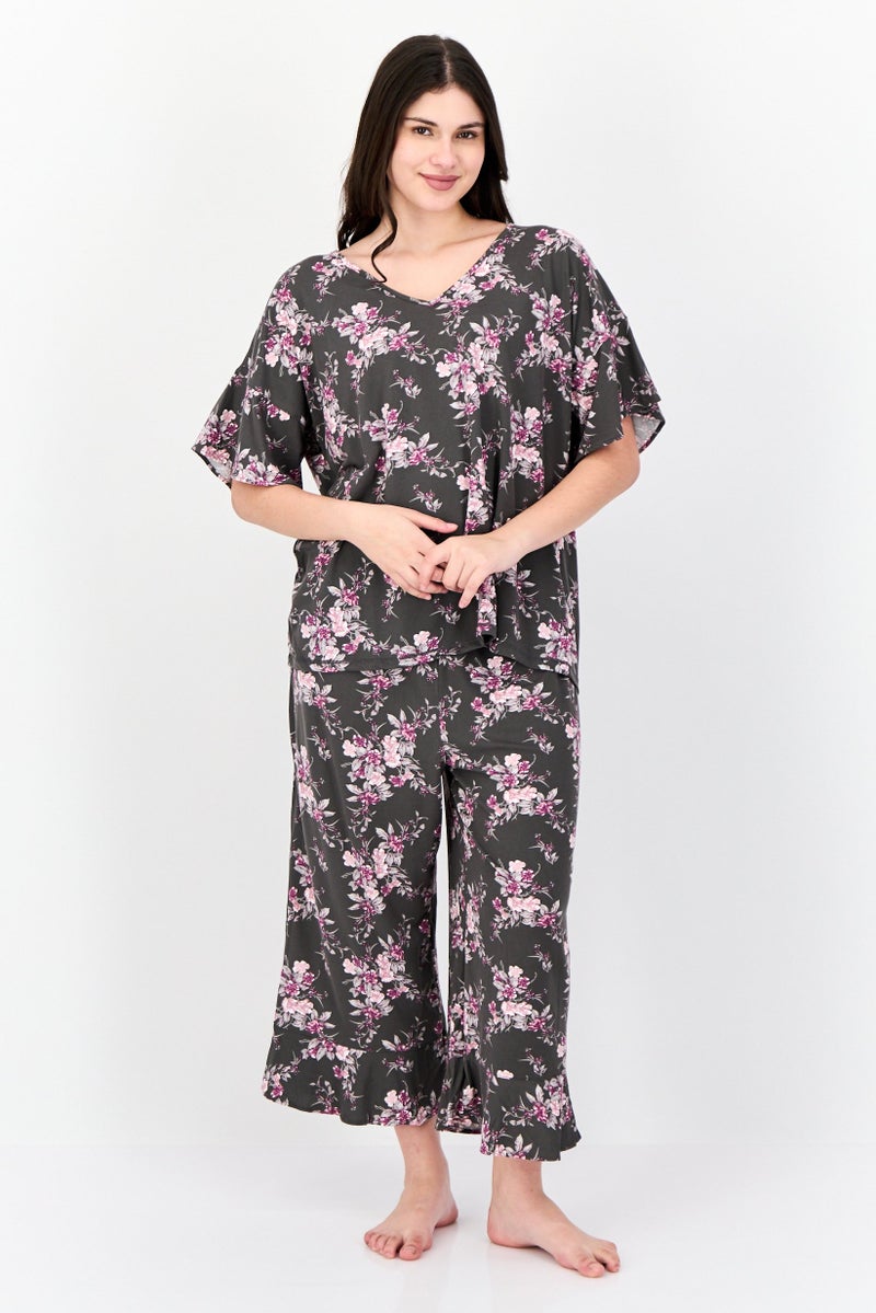 Jones New York Women Plus Size 2Pcs Floral Pattern Sleepwear Set, Grey - Image 1