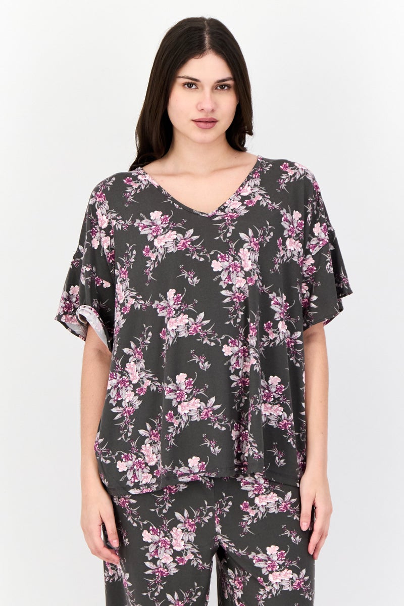 Jones New York Women Plus Size 2Pcs Floral Pattern Sleepwear Set, Grey - Image 3