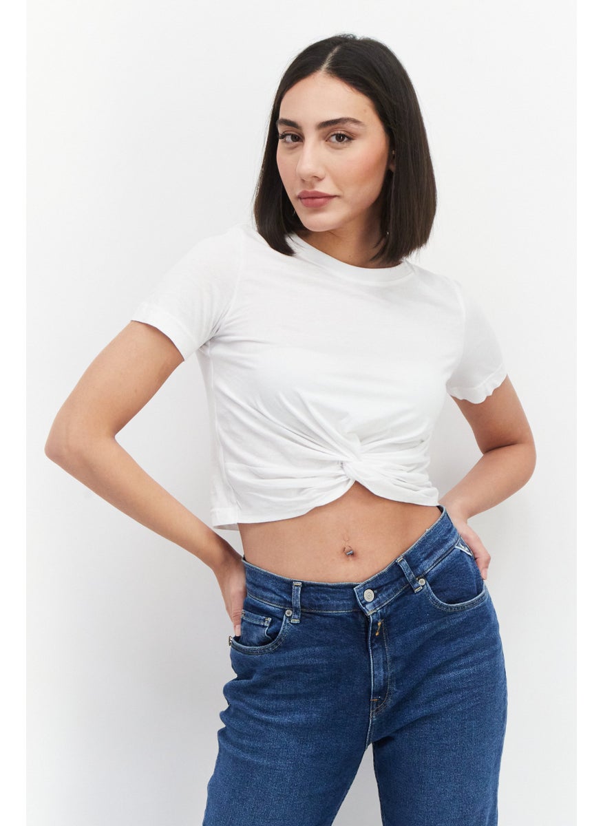 MONKI Women 2Pcs Crew Neck Short Sleeve Ruched Front Cropped Top, White  - Image 1