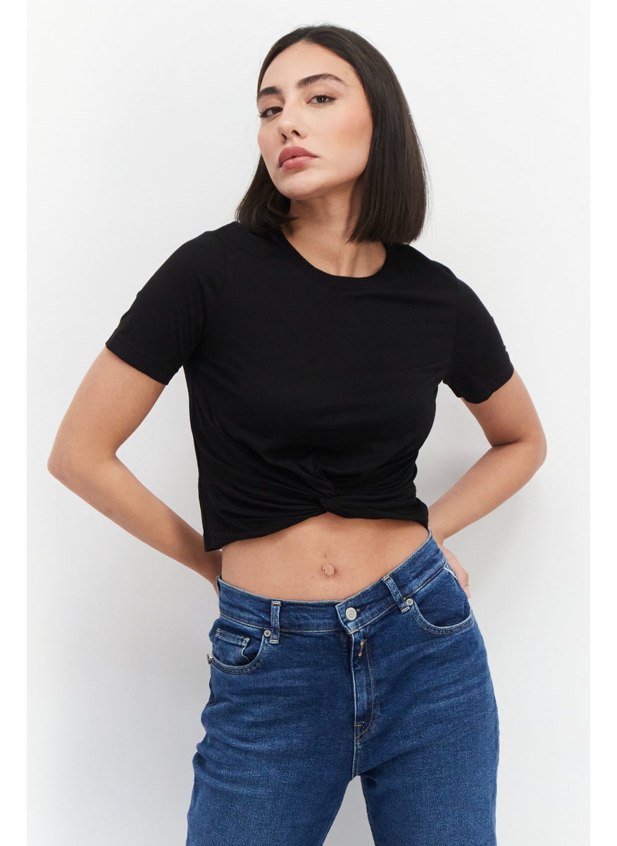 MONKI Women 2Pcs Crew Neck Short Sleeve Ruched Front Cropped Top, White  - Image 2