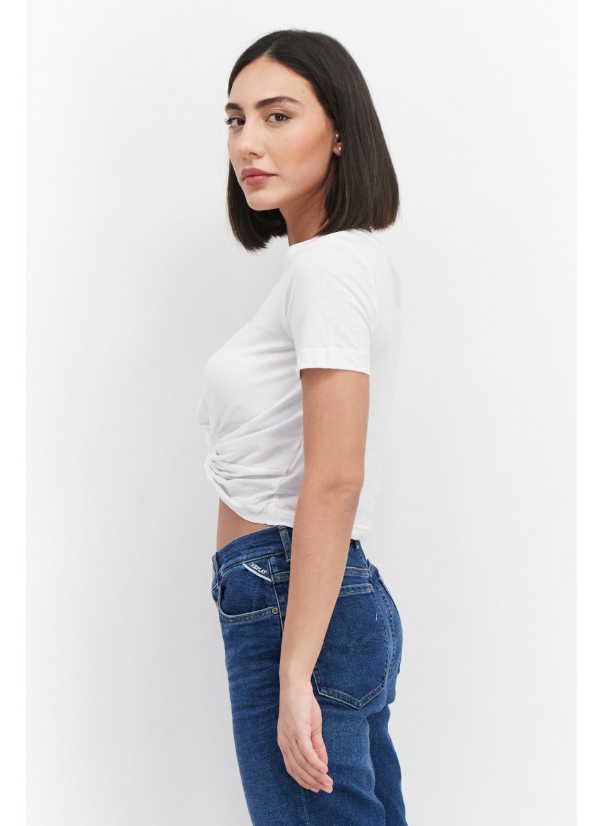 MONKI Women 2Pcs Crew Neck Short Sleeve Ruched Front Cropped Top, White  - Image 5