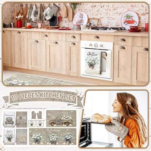 Fourluoo 10 Pcs Flower Basket Farmhouse Kitchen Decor Set Dish Towels Kitchen Rugs Oven Mitts and Pot Holders Set for Cooking Baking Grilling Women Mom Daughter GiftSpring Color - Image 3