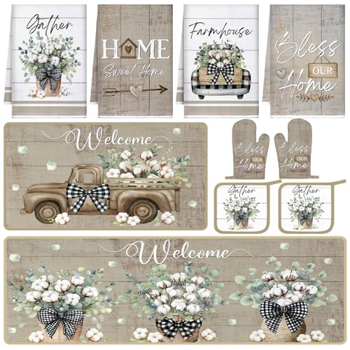 Fourluoo 10 Pcs Flower Basket Farmhouse Kitchen Decor Set Dish Towels Kitchen Rugs Oven Mitts and Pot Holders Set for Cooking Baking Grilling Women Mom Daughter GiftSpring Color - Image 1
