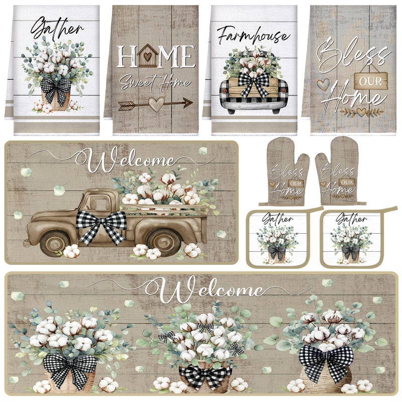 Fourluoo 10 Pcs Flower Basket Farmhouse Kitchen Decor Set Dish Towels Kitchen Rugs Oven Mitts and Pot Holders Set for Cooking Baking Grilling Women Mom Daughter GiftSpring Color - Image 2