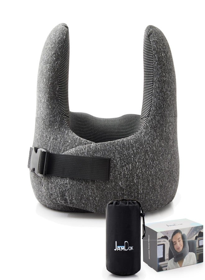 Jamdok Travel Neck Pillow, Memory Foam Head Support, Adjustable Clasp, Gray with Storage Bag - Image 1