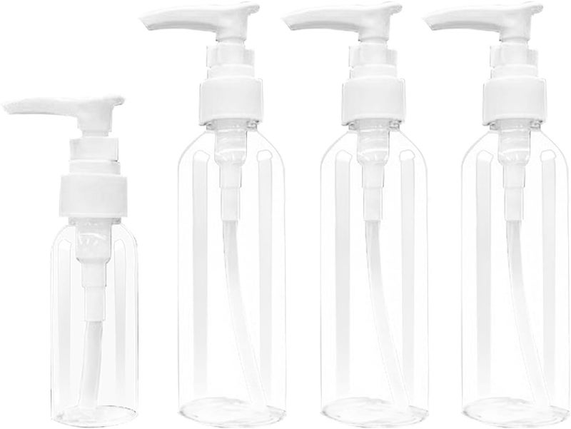 4 Pcs Travel Bottle, 3.4oz/100ml Empty Refillable Plastic Pump Dispenser Bottle with 30ml Small Travel Bottles, Round Transparent Travel Liquid Containers for Lotion Shampoo Oil