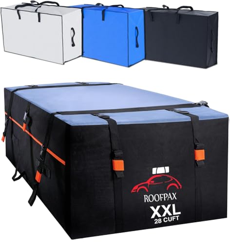 RoofPax XXL 28 cuft Car Rooftop Cargo Carrier Bag Extra Waterproof Car Roof Storage with 10 Heavy Duty Tie Down Straps and 4 Hooks Roof Bag Cargo Carrier for Top of Vehicle with/Without Rack - Image 1