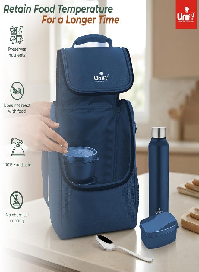 Unify MealMate Lunch Box with 3 Microwave Safe Inner Steel Containers (500ml, 350ml, 200ml), 130ml Plastic Chutney Dabba, Water Bottle 750ml & Spoon | Office Tiffin with Insulated Bag, Blue - Image 3