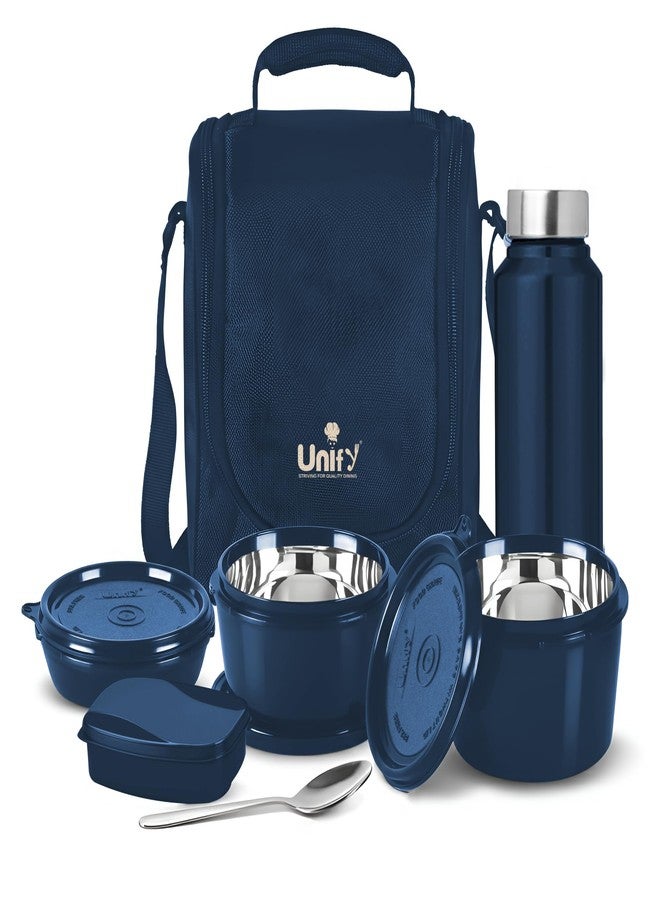 Unify MealMate Lunch Box with 3 Microwave Safe Inner Steel Containers (500ml, 350ml, 200ml), 130ml Plastic Chutney Dabba, Water Bottle 750ml & Spoon | Office Tiffin with Insulated Bag, Blue - Image 1