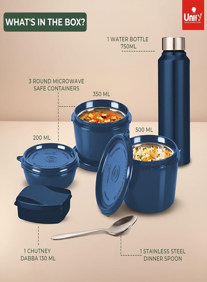 Unify MealMate Lunch Box with 3 Microwave Safe Inner Steel Containers (500ml, 350ml, 200ml), 130ml Plastic Chutney Dabba, Water Bottle 750ml & Spoon | Office Tiffin with Insulated Bag, Blue - Image 5