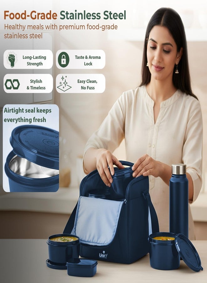 Unify MealMate Lunch Box with 3 Microwave Safe Inner Steel Containers (500ml, 350ml, 200ml), 130ml Plastic Chutney Dabba, Water Bottle 750ml & Spoon | Office Tiffin with Insulated Bag, Blue - Image 2