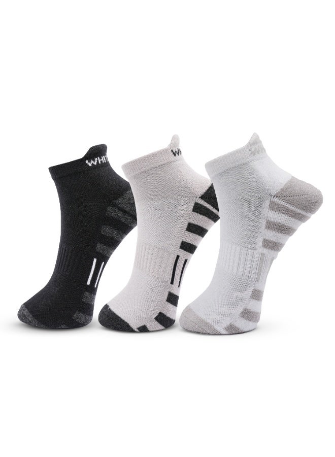 White Leaf Men’s Half-Terry Low-Cut Sneaker Socks – 3 Pairs (Light Grey, White, Black) – Breathable, Moisture-Wicking, Stay-Up Grip, OEKO-TEX & ECAS Certified, Free Size - Image 1