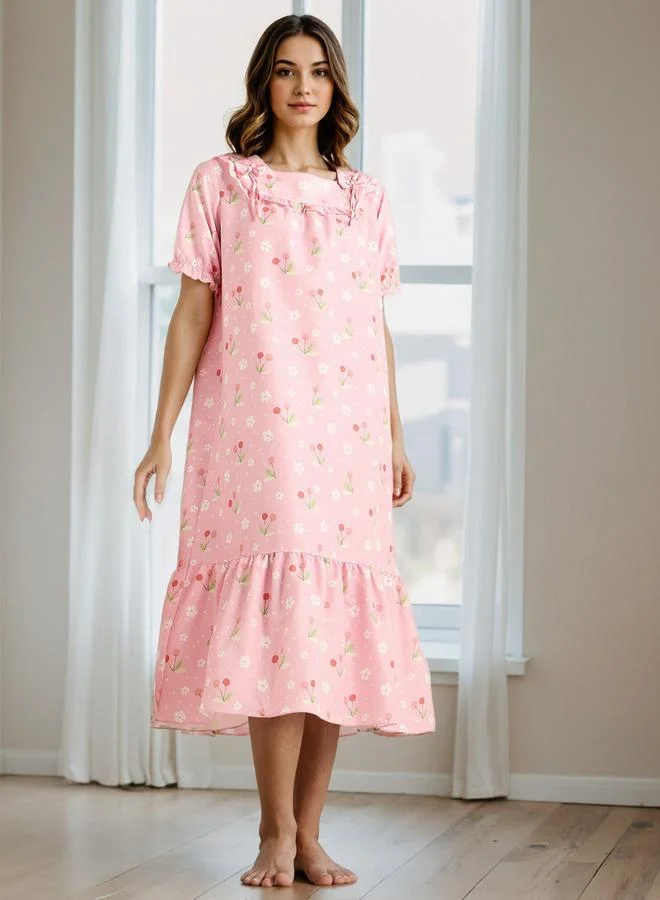 Aadaraya Floral Print Square Neck Night Dress