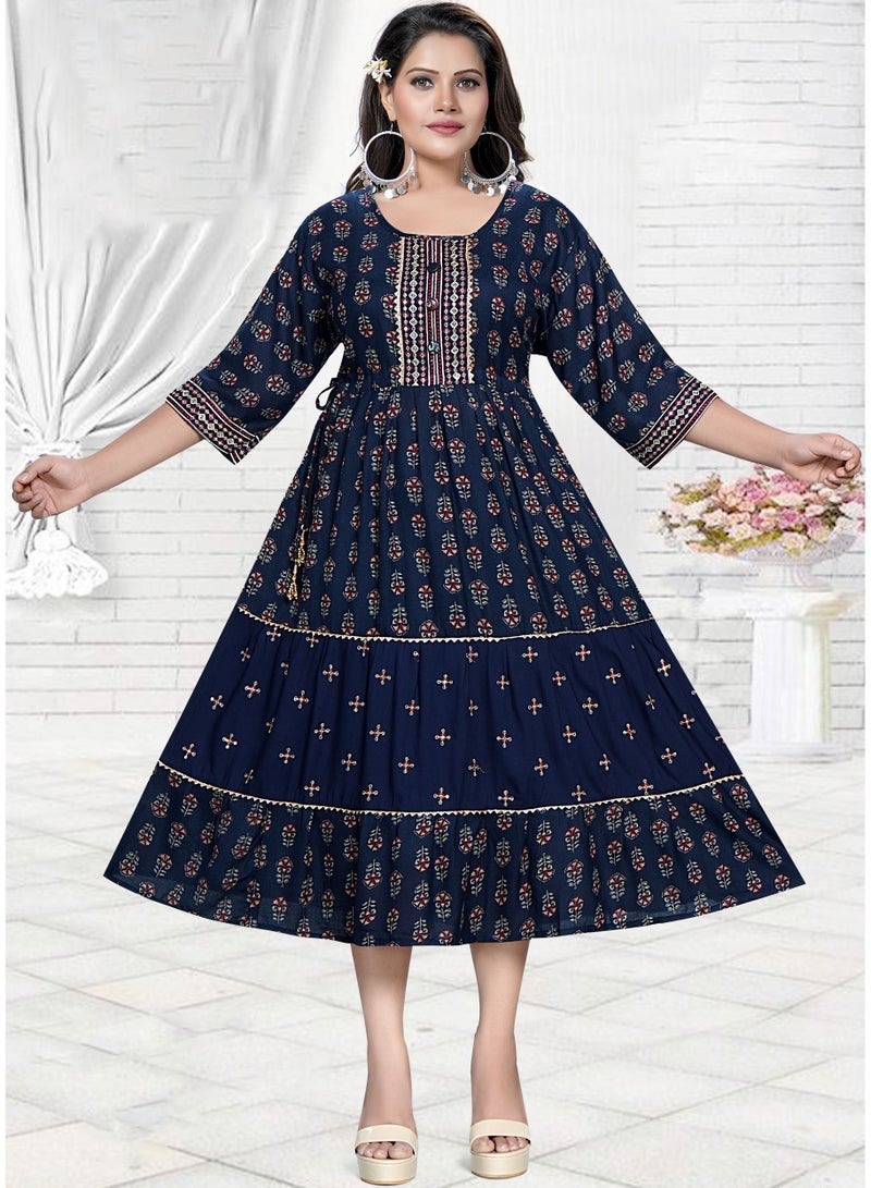 Zainah Women's Three-Quarter Sleeve Midi Dress with Embroidered Round Neck and Full Floral Print - Summer, Smart Casual, Modest, Cotton Blend  - Image 1