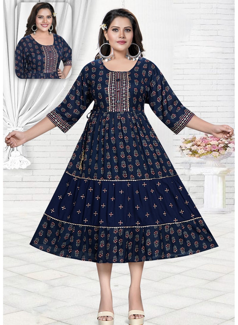 Zainah Women's Three-Quarter Sleeve Midi Dress with Embroidered Round Neck and Full Floral Print - Summer, Smart Casual, Modest, Cotton Blend  - Image 4