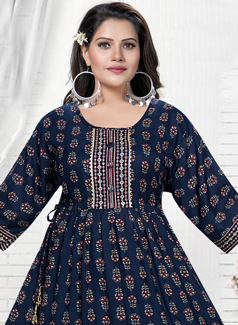 Zainah Women's Three-Quarter Sleeve Midi Dress with Embroidered Round Neck and Full Floral Print - Summer, Smart Casual, Modest, Cotton Blend  - Image 3