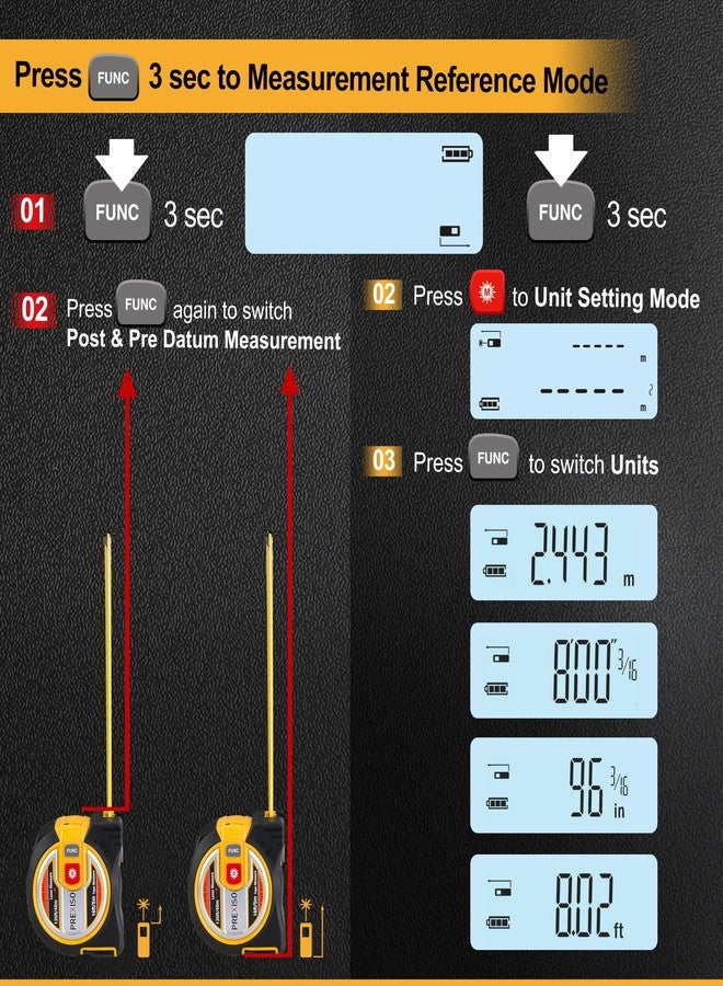 PREXISO 2-in-1 Laser Tape Measure - NOT Digital - 135Ft Laser Measurement Tool & 16Ft Measuring Tape with Auto Lock & Movable Magnetic Hook - Pythagorean, Area, Volume, Ft/Ft+in/in/M Unit-NOT Digital - Image 5