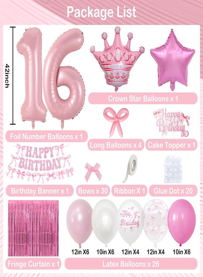 Togvu Sweet 16th Pink Bow Birthday Decorations for Girls, Coquette Party Decor Include 40 Inch Number 16 Crown Star Balloon Double Stuffed Balloon Pastel Pink Bows Cake Topper Birthday Banner Fringe Curtain - Image 2