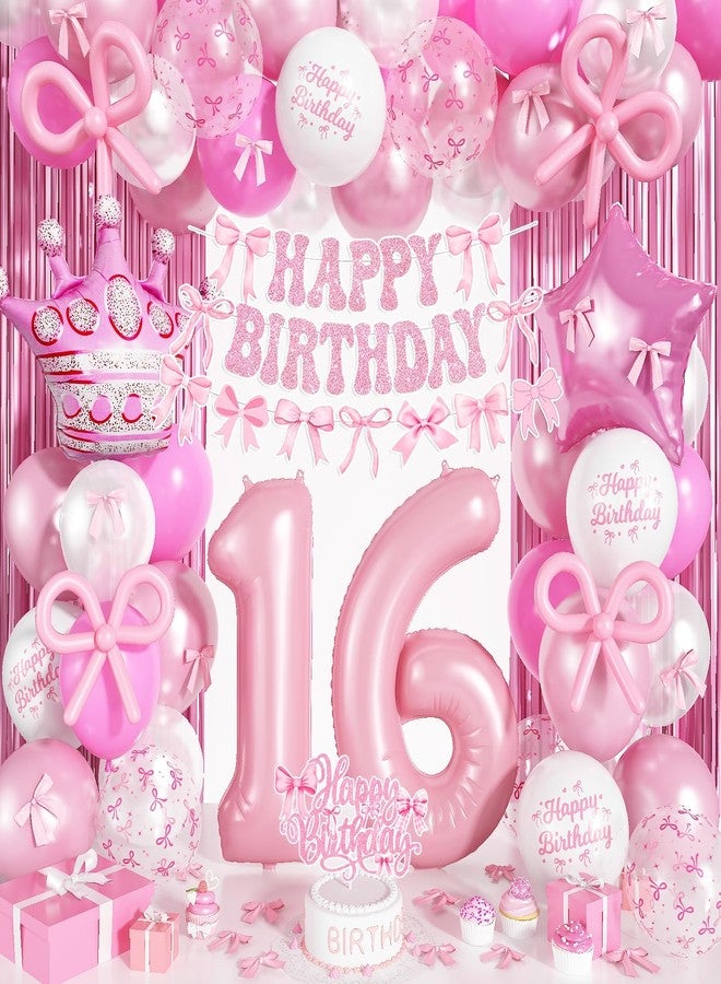 Togvu Sweet 16th Pink Bow Birthday Decorations for Girls, Coquette Party Decor Include 40 Inch Number 16 Crown Star Balloon Double Stuffed Balloon Pastel Pink Bows Cake Topper Birthday Banner Fringe Curtain - Image 1