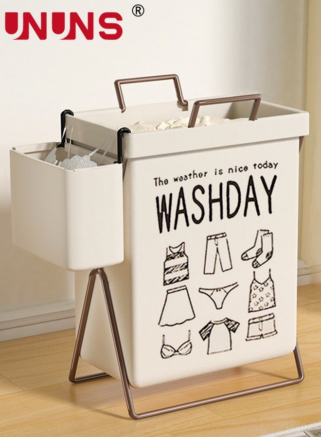 UNUNS Large Collapsible Laundry Basket Hamper with Handles And Lid,Heavy-Duty Frame Clothes Hampers with 2 Storage Boxes,X-Shaped Laundry Hamper Laundry Bag For Laundry,Bedroom,Dorm,Towels,White - Image 1