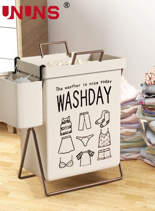UNUNS Large Collapsible Laundry Basket Hamper with Handles And Lid,Heavy-Duty Frame Clothes Hampers with 2 Storage Boxes,X-Shaped Laundry Hamper Laundry Bag For Laundry,Bedroom,Dorm,Towels,White - Image 2