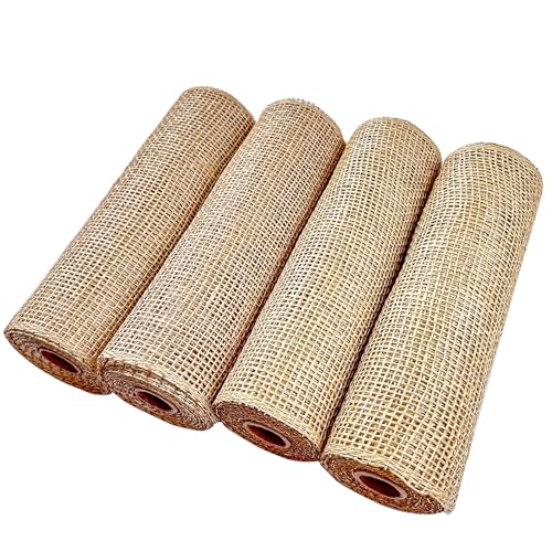 MSSVIGING Poly Burlap Deco Mesh 10 inch, Black Yellow Decorative Mesh for Bee Flower Wreath, DIY Craft Making, Black, Yellow, Black and Yellow Burlap Ribbons, 4 Packs - Image 1